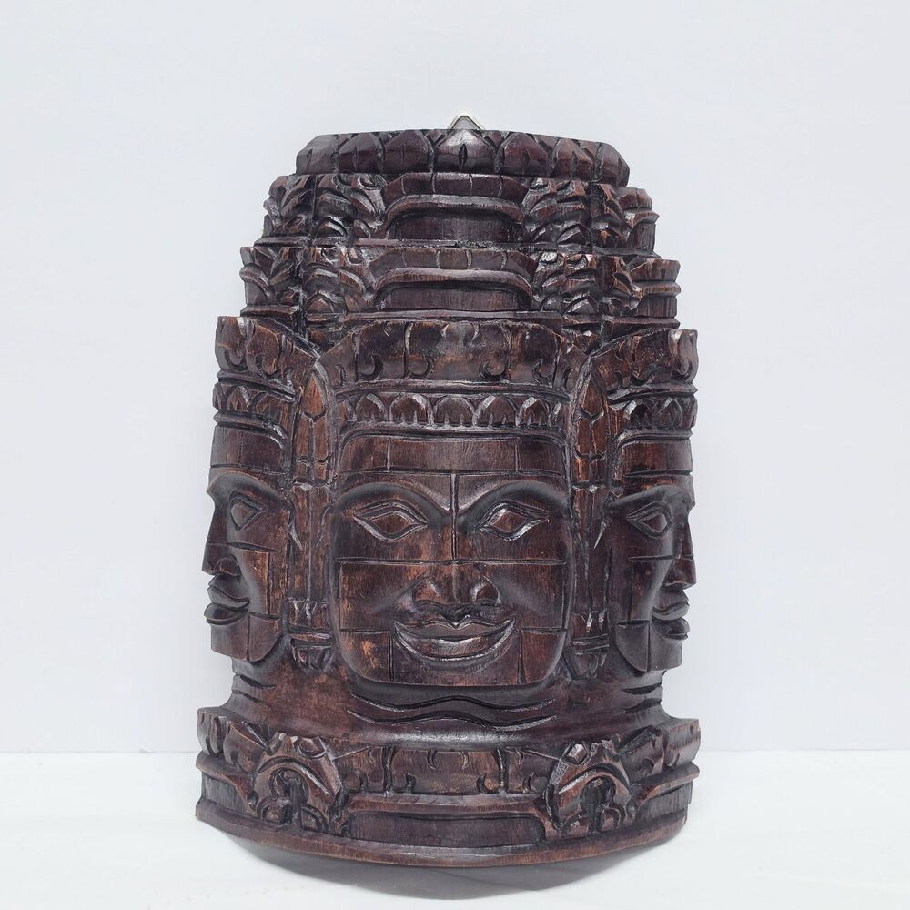 Vintage Proum Mask Wood Carved Face Cambodian King Jayavarman VII Temple Bayon